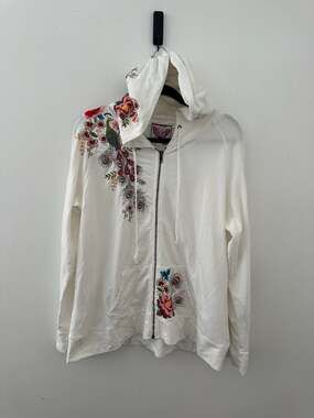 Johnny Was White Peacock Floral Embroidered Full Zip Hoodie Jacket XL
